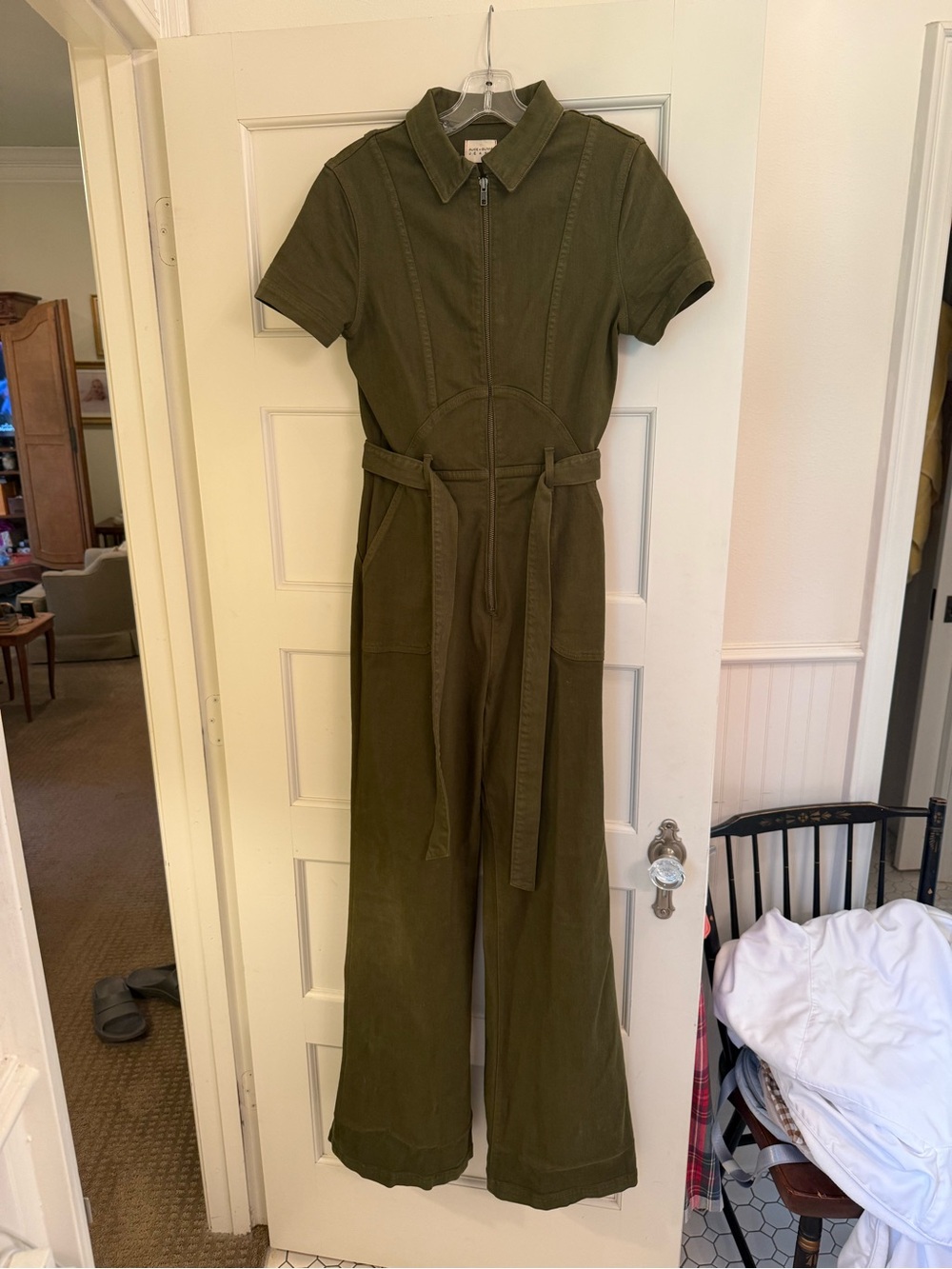 Alice + Olivia Olive Green Short-Sleeve Stretchy Denim Bell Bottom Jumpsuit - Picture 3 of 11